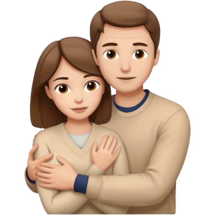 A white handsome man with brown hair in pale beige clothes supports and hugs a beautiful woman in pale beige clothes emoji