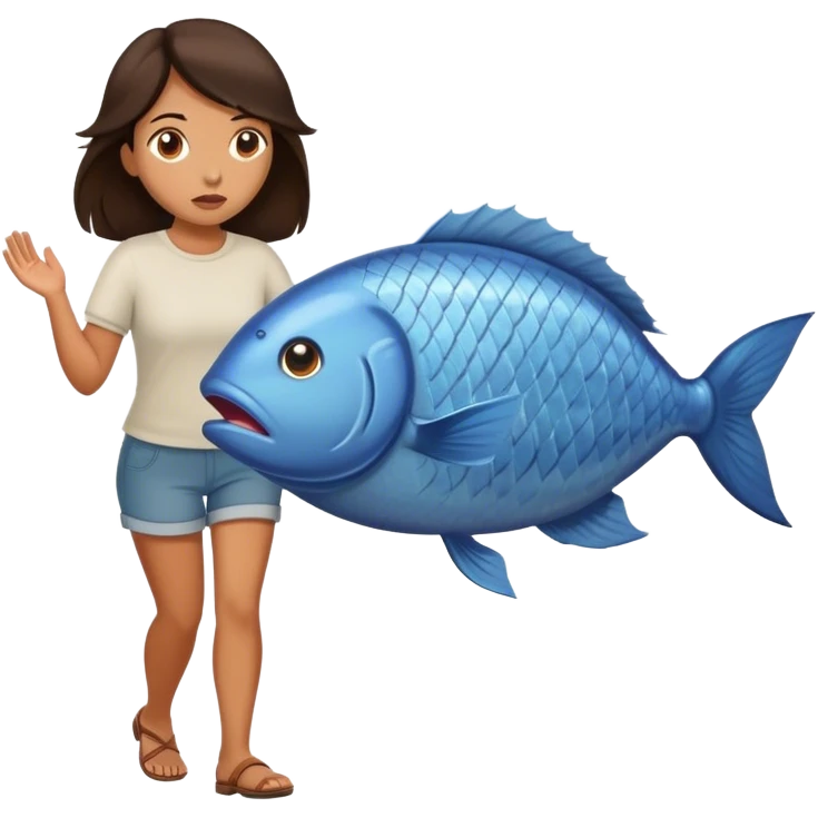 Confused Brunette Woman walking with huge fish emoji