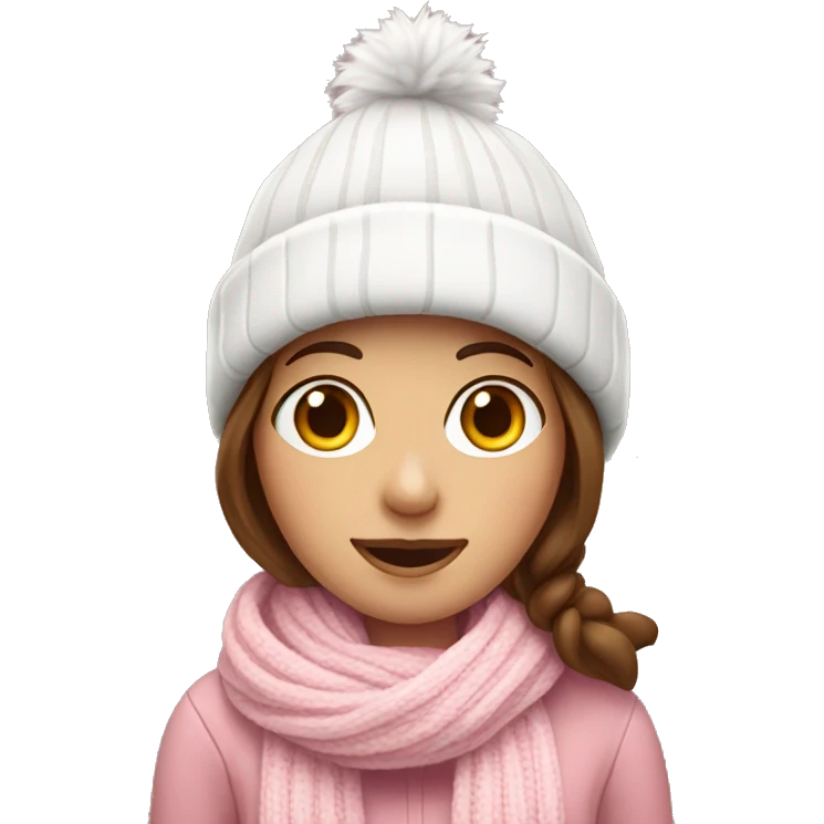 brown haired girl with white winter hat,pink sweater and a white-pink scarf emoji