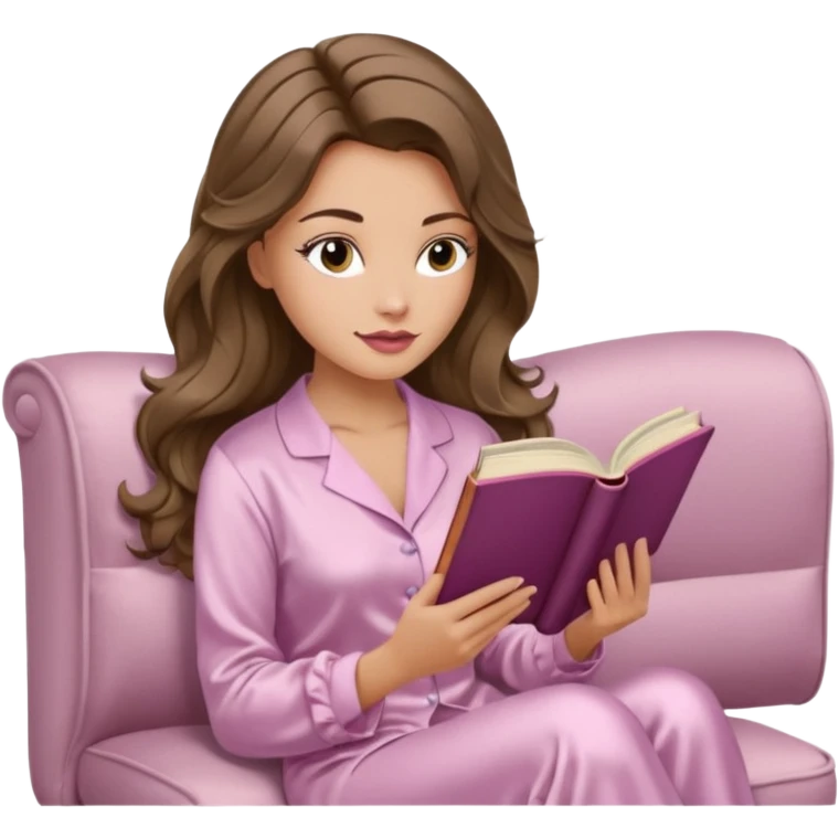 Woman with light tanned skin reading a book on Beige sofa. Long wavy brunette hair. Ivory silk pyjamas. Realistic. Foxeye with long lashes. Pinky mauve lips. emoji