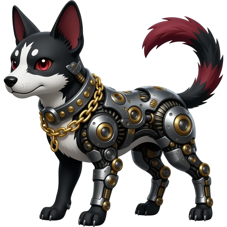 Quadrupedal Epic complex divine glorious futuristic detailed dark dusky gloomy deep gothic sanguine-blood-maroon-black-white, realistic Fakémon-Sprigatito-Floragato-Meowscarada-Trico-Sergal-Serval-Vernid-creature (full body) with metal gears and metal collar with gold chains emoji