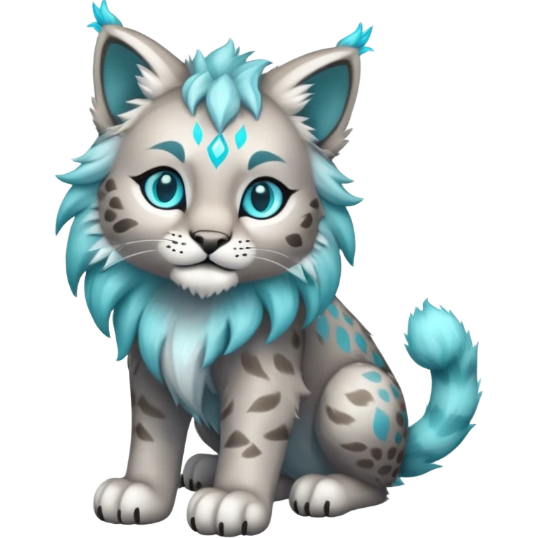 Silvery-grey and cyan Fairy-type Bobcat-Lynx-Lion-Fakémon full body emoji