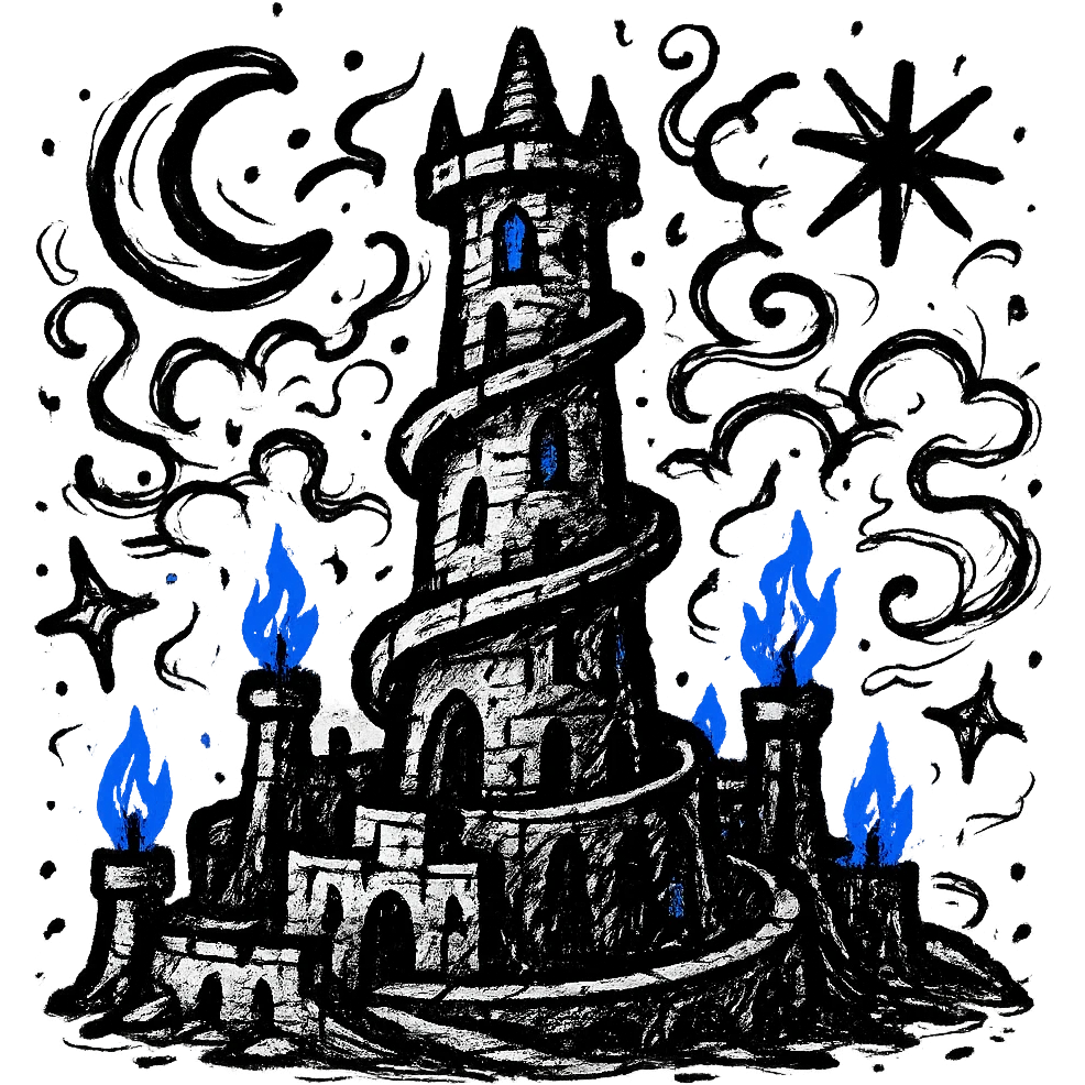 mystic gothic stone tower with wide base spiraling upward, surrounded by citadel and spiral ramps, touching nebula-filled night sky, lit by blue torches and moonlight, spiritual arcane atmosphere, emoji icon emoji