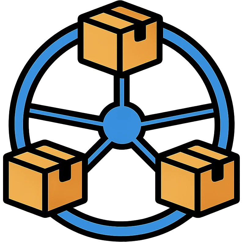 blue network in a circle form with brown packages at intersection points emoji