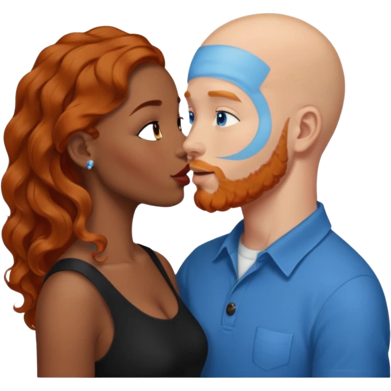Bald white male with ginger beard and blue eyes kissing African American brown woman with black wavy hair emoji