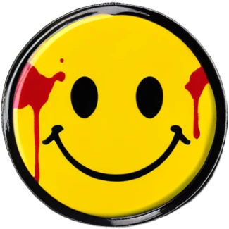 Yellow circular smiley face pin with a small red blood splatter on it emoji