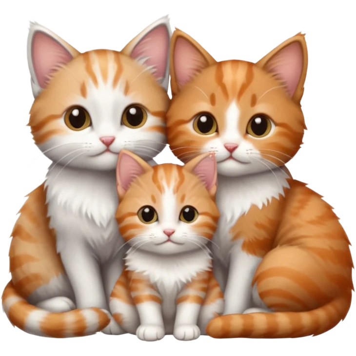 3 very small kittens cuddling together all different colours, the first one is grey and white, the second is ginger and white and the third is brown tabby and white emoji