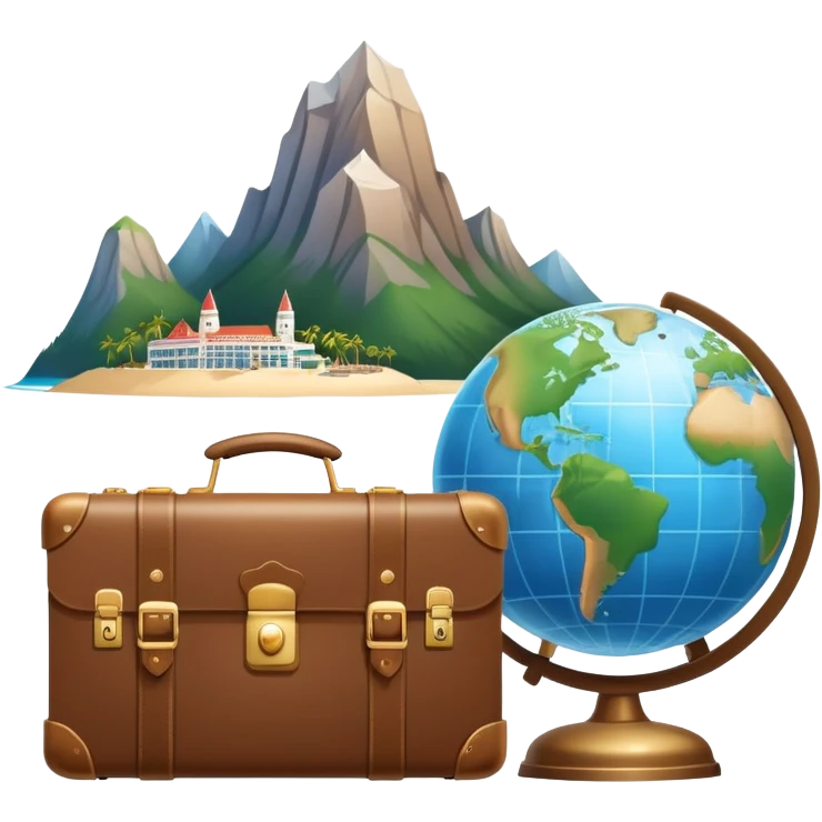 An icon featuring a suitcase, a hotel bell, and a globe, symbolizing tourism and hospitality. The design includes a scenic landmark, like a mountain or beach, and a check-in desk, representing travel and accommodation services. Transparent background emoji