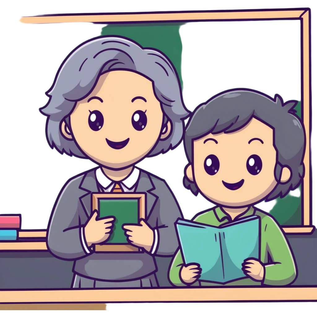 smiling English teacher with airtouch hair and grey-green eyes teaching in a classroom with chalkboard emoji