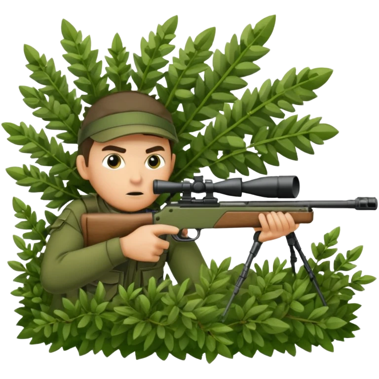 person sninping aiming with a long sniper in a big bush emoji