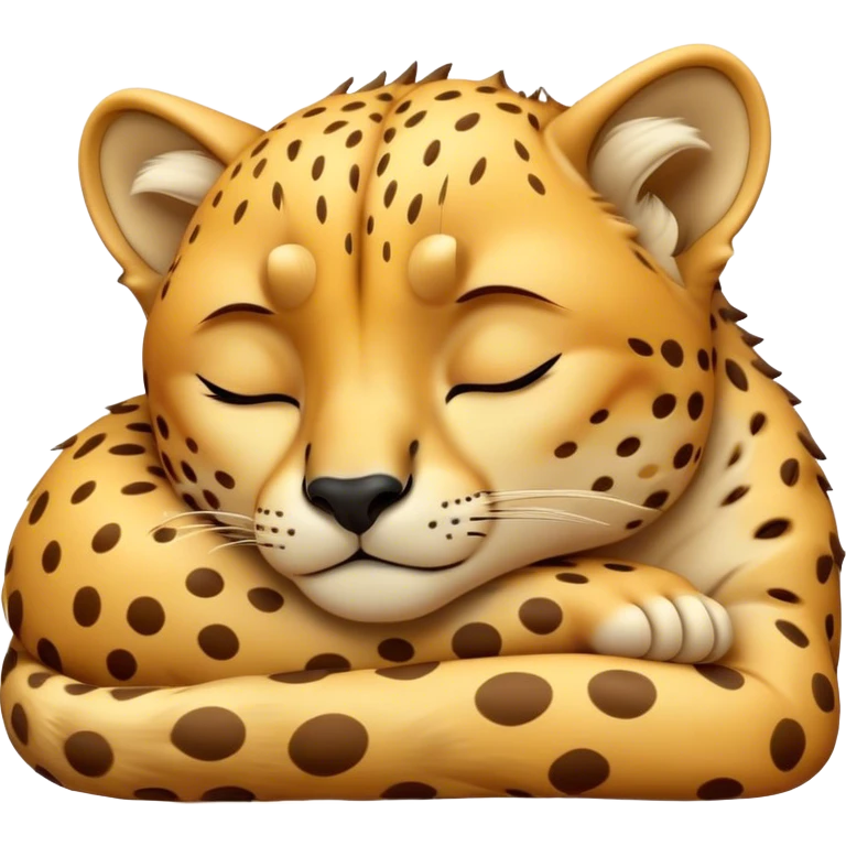 Meme-Worthy Cute Sleeping Cheetah Portrait Emoji, Head resting peacefully with a contented smile, showcasing a lean, muscular build and a luxuriously soft golden spotted Fur, eyes shut in a serene, restful nap, Simplified yet hilariously adorable features, highly detailed, glowing with a soft, drowsy light, high shine, relaxed and utterly lovable, stylized with an air of playful laziness, bright and heartwarming, soft glowing outline, capturing the essence of a comically sleepy cheetah, so meme-worthy it feels like it could instantly become the next viral sensation of adorable slumber! emoji