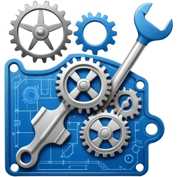 An icon featuring a wrench, gears, and a blueprint, symbolizing engineering. The design includes a circuit board, a hammer, and a compass, representing the creation and innovation of machines, structures, and technology. Transparent background emoji