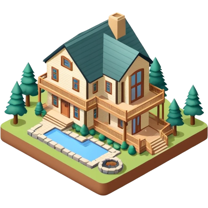 Catskills mountain lodge, isometric dollhouse-style, realistic emoji