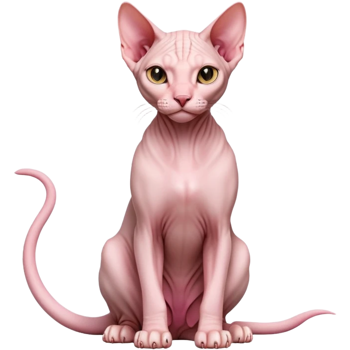 cinematic-[sphynx cat]-realistic-full-body-sitting-emoji,-tail-curled-playfully-around-its-paws,-head-tilted-dramatically,-sleek-[pink]-skin,-simplified-yet-realistic-focused-features,-highly-detailed,-glowing-with-an-almost-sarcastic-glow emoji