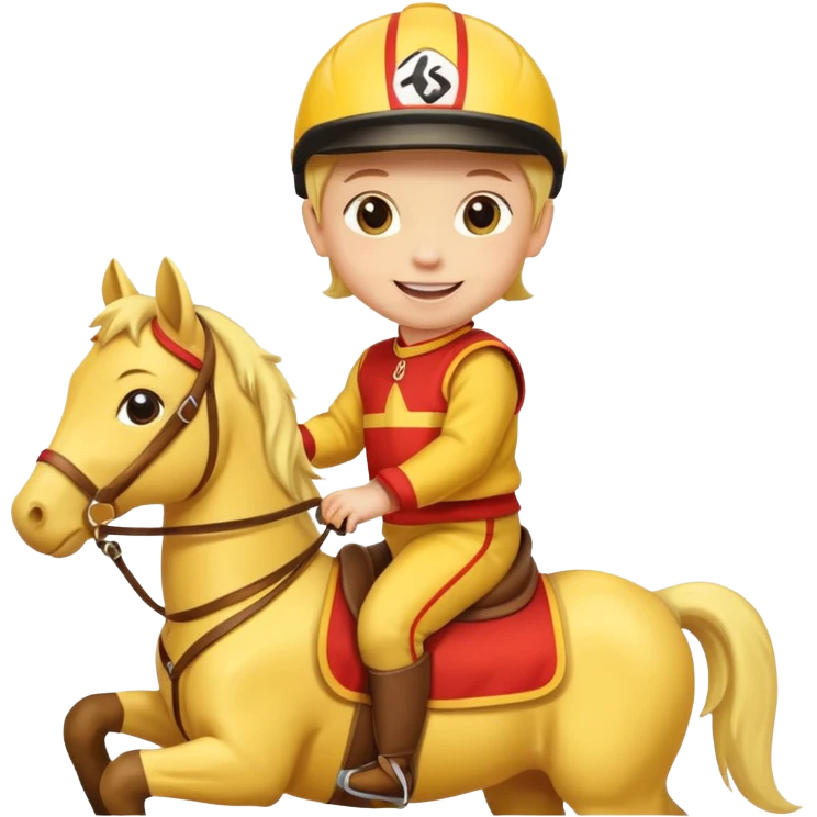 baby riding horse wearing racing cloth yellow emoji