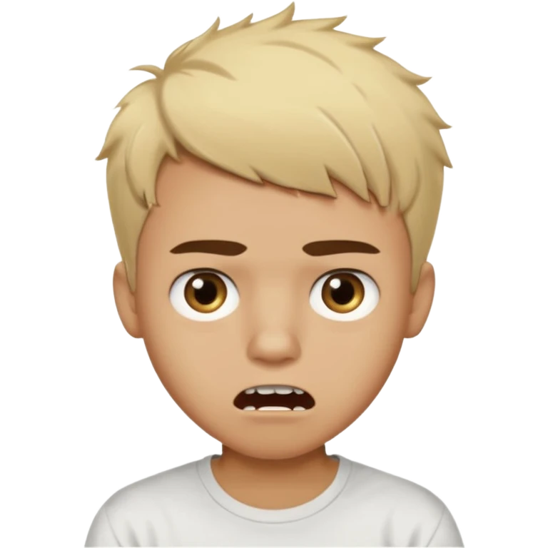 Short buzz, messy blonde hair. Dark brown bushy eyebrows large expressive golden-brown eyes, wearing a plain white t-shirt. Male Teenager. light Dark Brown skin color. Confused mouth gape showing teeth emoji