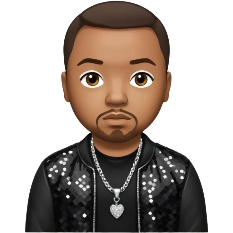 Timbaland with dark brown hair, black sequin jacket, black shirt with necklace emoji