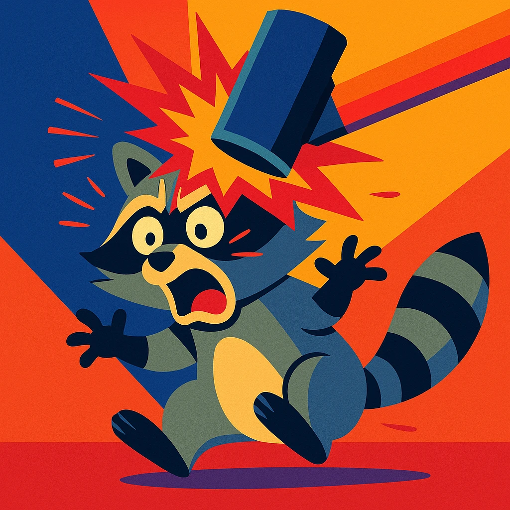 Rascal the raccoon being hit by a hammer, dramatic, vibrant colors emoji
