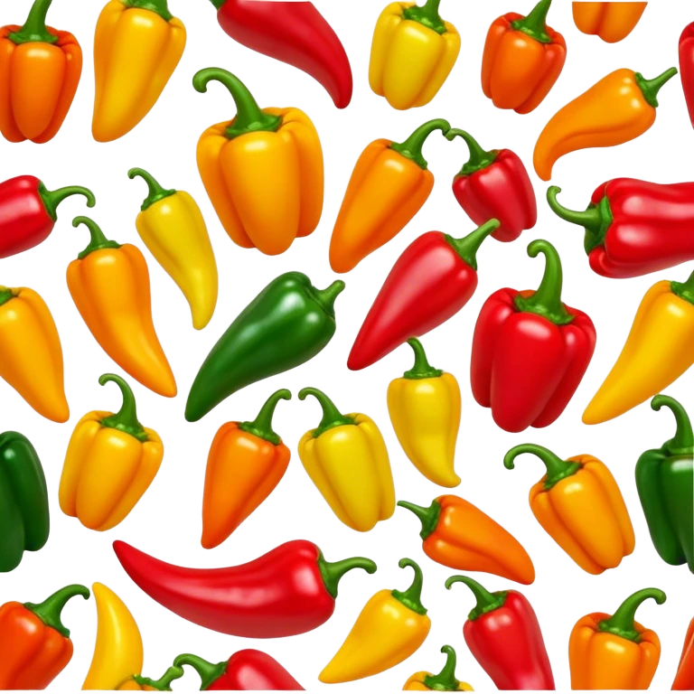 Cinematic bright colorful peppers, glossy and fresh, arranged in a vibrant mix of red, yellow, and green, warm glowing background, fresh and lively. emoji