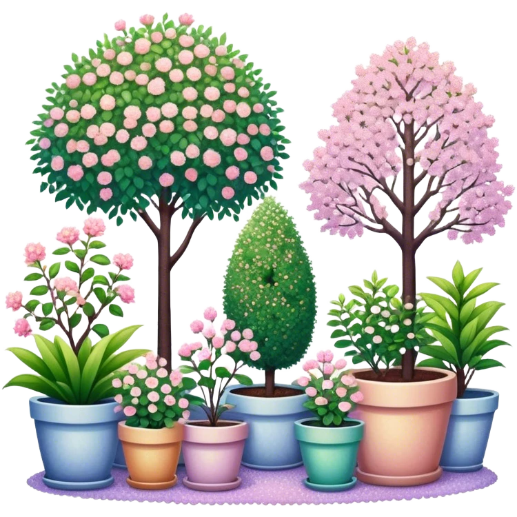 Pastel garden with potted plants and blossoming trees in pointillist style. emoji
