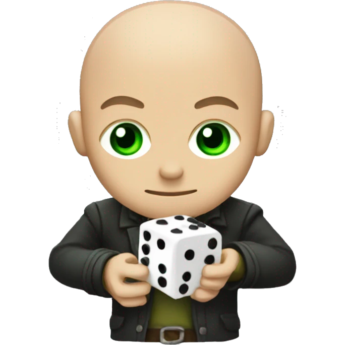 a guy with bald hair and green eyes with rpg dice in hands emoji