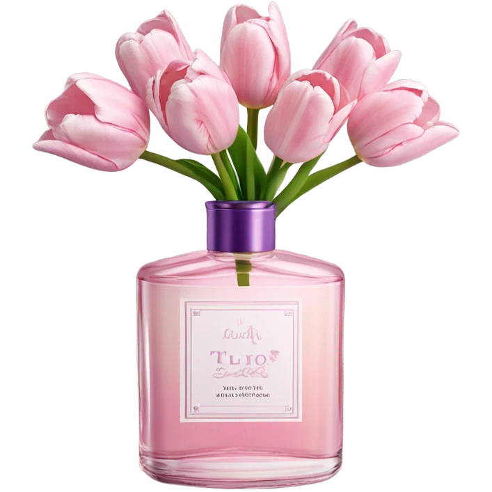 Aesthetic arrangement of pastel pink tulips and a retro violet perfume bottle.
 emoji