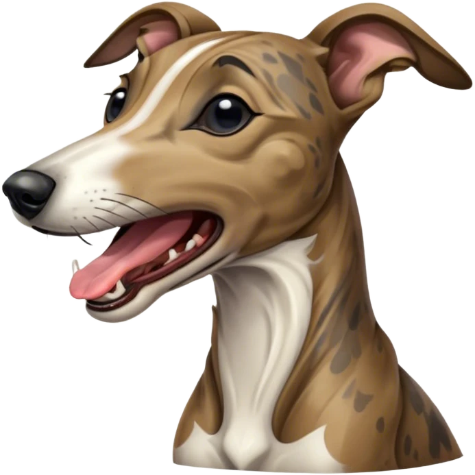 Cinematic Cute Yawning Brindle Greyhound Portrait Emoji, Head tilted slightly with a dramatic, wide-open yawn, showcasing a smooth brindle Fur with a refined pattern, floppy ears slightly drooping, round eyes barely open in drowsy contentment, Simplified yet irresistibly adorable features, highly detailed, glowing with a soft, cozy glow, high shine, relaxed yet expressive, stylized with a touch of whimsy, bright and endearing, soft glowing outline, capturing the essence of a sleepy yet affectionate racer, so drowsy it feels like it could stretch out of the screen and curl up for a nap! emoji