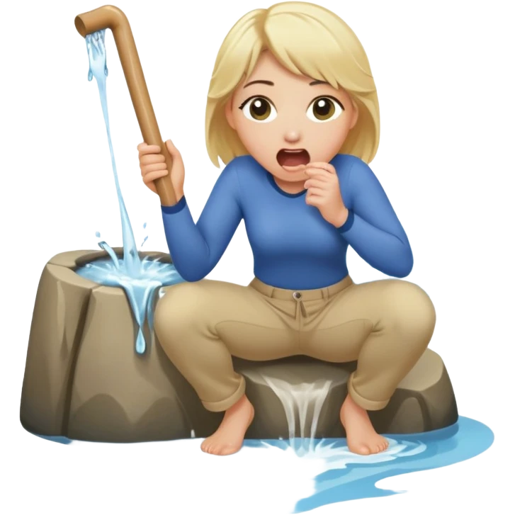 blond woman kneeling, surprised expression, a wide skin-colored stick with a D-shaped knob with skin texture coming out of a pair of pants hanging in front of her face, water stream squirting from the flat side of the knob into her open mouth emoji