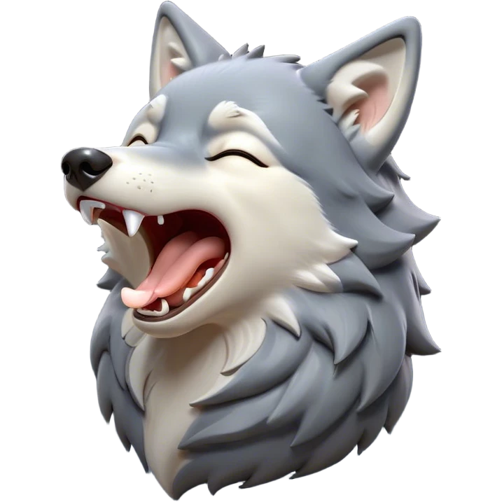 Cinematic Cute Yawning Wolf Portrait Emoji, Head tilted slightly with a dramatic, wide-open yawn, showcasing a smooth grey and white Fur with drooping ears, round eyes barely open in drowsy contentment, Simplified yet irresistibly adorable features, highly detailed, glowing with a soft, cozy glow, high shine, relaxed yet expressive, stylized with a touch of wild whimsy, bright and endearing, soft glowing outline, capturing the essence of a sleepy yet affectionate wolf, so drowsy it feels like it could stretch out of the screen and curl up for a nap! emoji