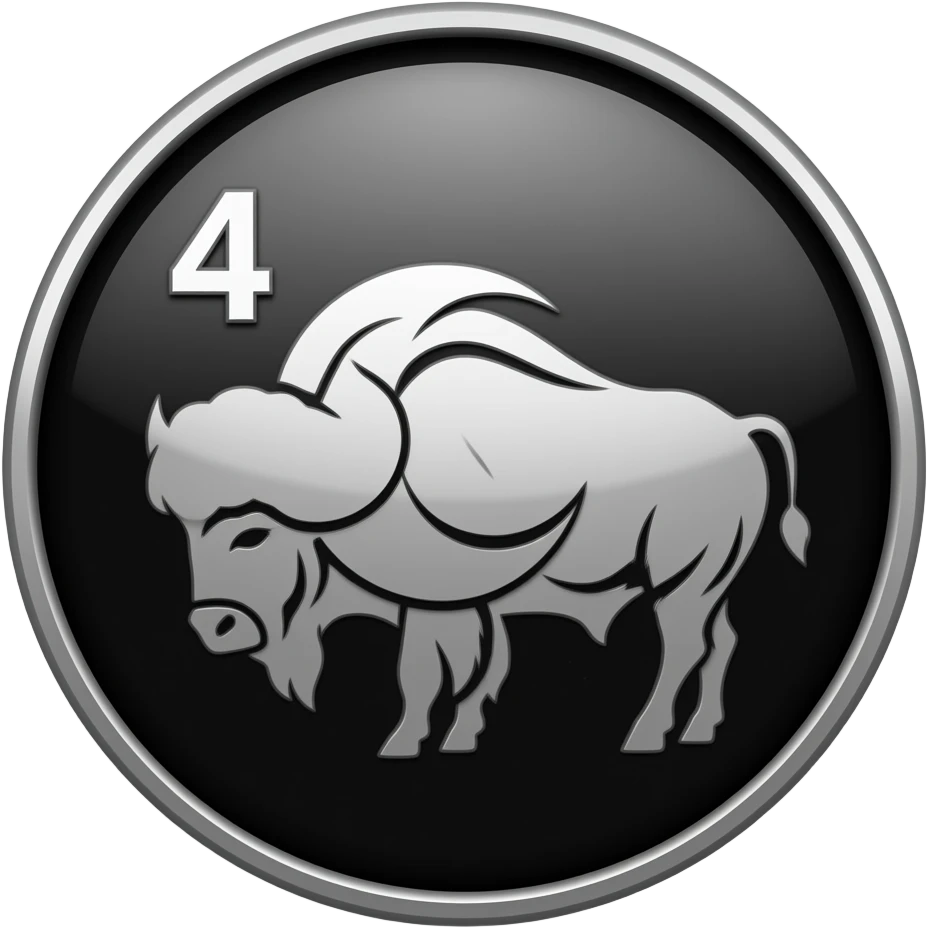 Silver metallic coin medallion, black background, bold engraved style, number ‘4’ in top left, central design of a mighty buffalo with a crescent moon resting on its shoulder, emoji