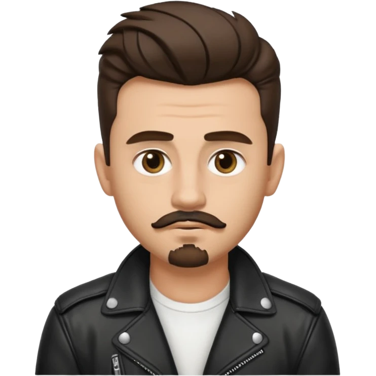 generate emoji style guy with slick James dean hair with front tendrils, mustache and goatee facial hair, wearing a white shirt and a black leather jacket , several silver piercings in ear, with dark brown hair and make eyes more almond shaped inspired by the image I shared emoji