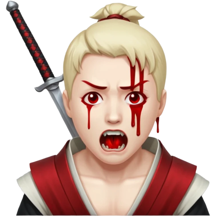 seppuku with invisible background. it must show the pain as the sword goes through. blood dripping from the tip. the guy's head should be up with his mouth open in pain emoji