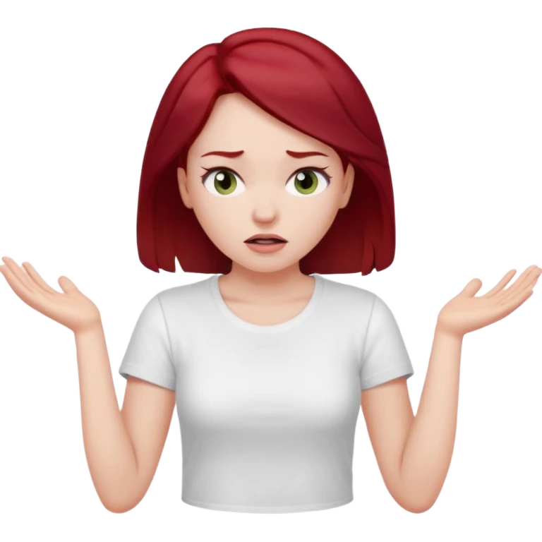 younger woman shrugging, eyes closed, white t-shirt, dark red hair emoji