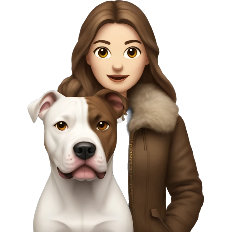 white woman with long brown hair in a furry jacket standing alongside a white pitbull emoji