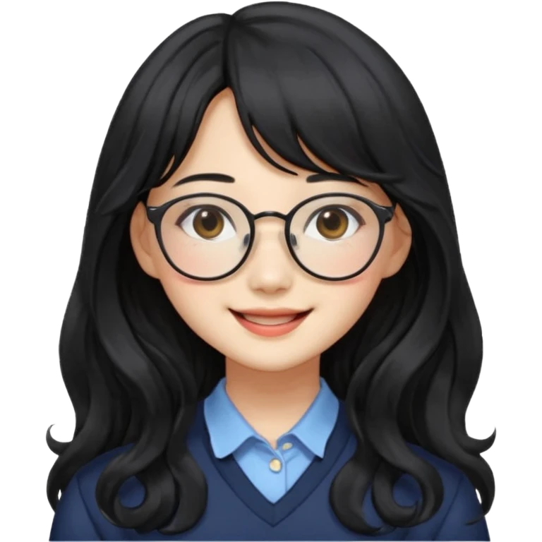 Please generate a portrait of a pretty girl with long, wavy, black hair. She's smiling. She also wears a middle parting and bangs. with glasses pink wonyoungsim from ive fom kpop group emoji
