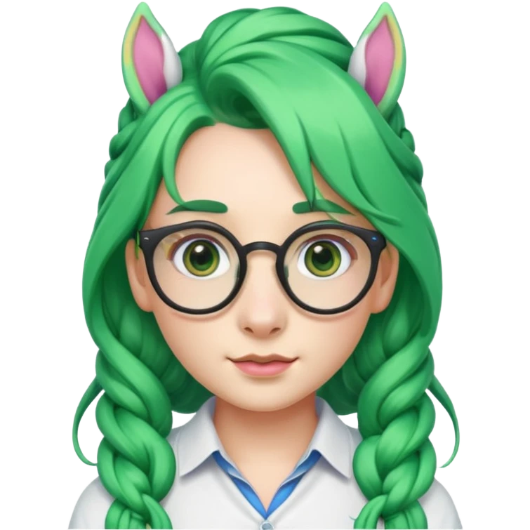 braided unicorn wiith big visible braids looking into the camera spectacled green hair emoji