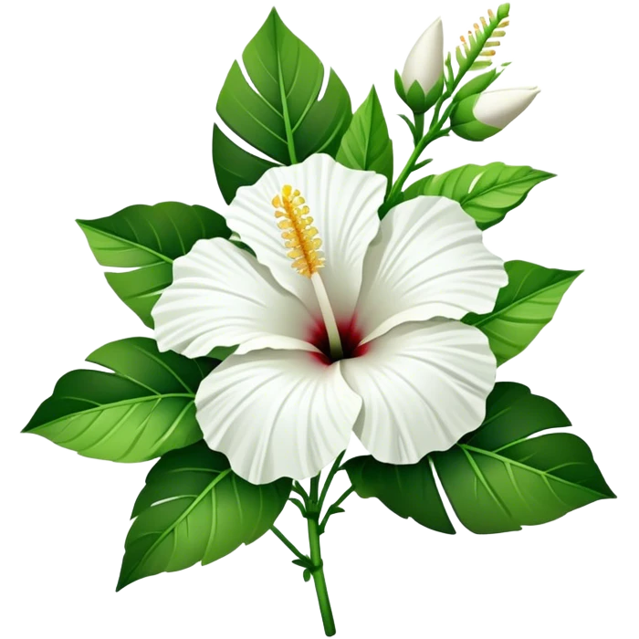 bouquet white Hawaiian hibiscus, luxuriant, stem, leaf, bud emoji