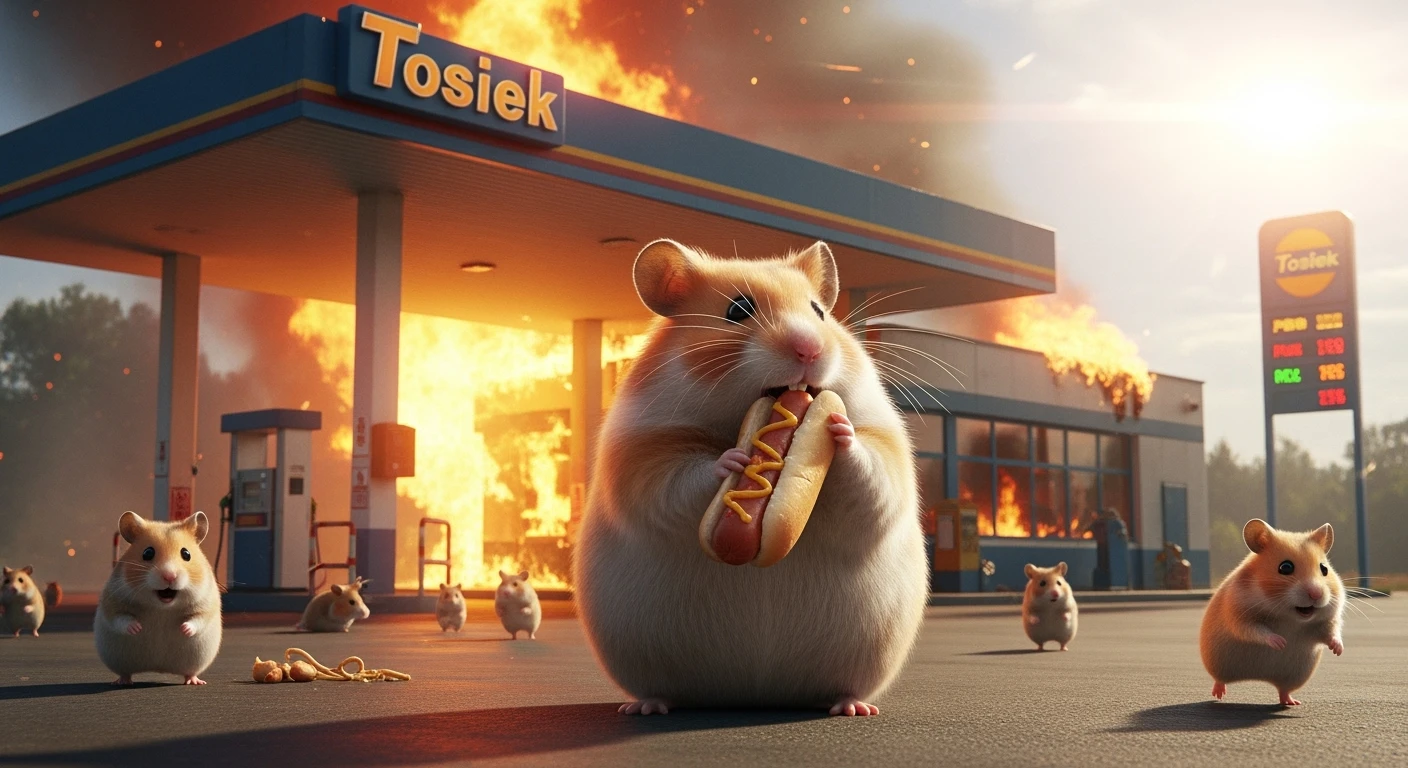 Cinematic still of A portrait of a fat hamster eating hotdog on gas station, gas station is in fire, other hamster fun away, sunny day, back light explosion , gas station named "Tosiek" (Realistic) emoji
