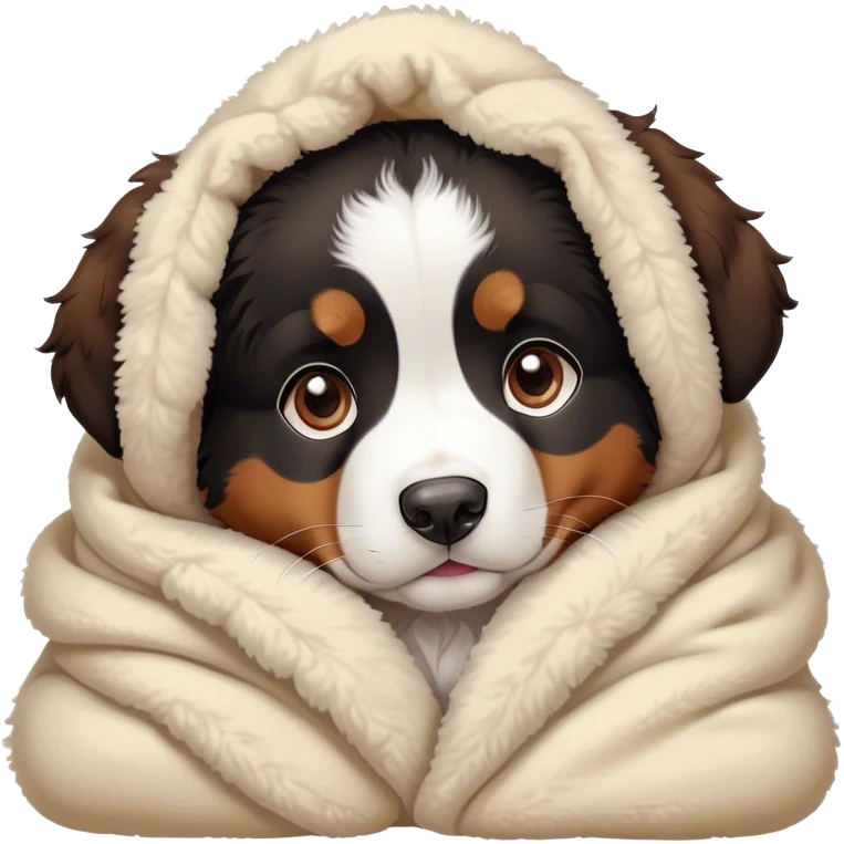bernese mountain dog puppy cozy in a sherpa blanket, kawaii disney-style cute emoji