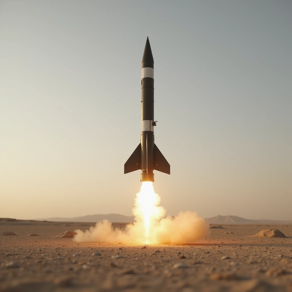 realistic ballistic missile, Photorealism, in a desert landscape emoji