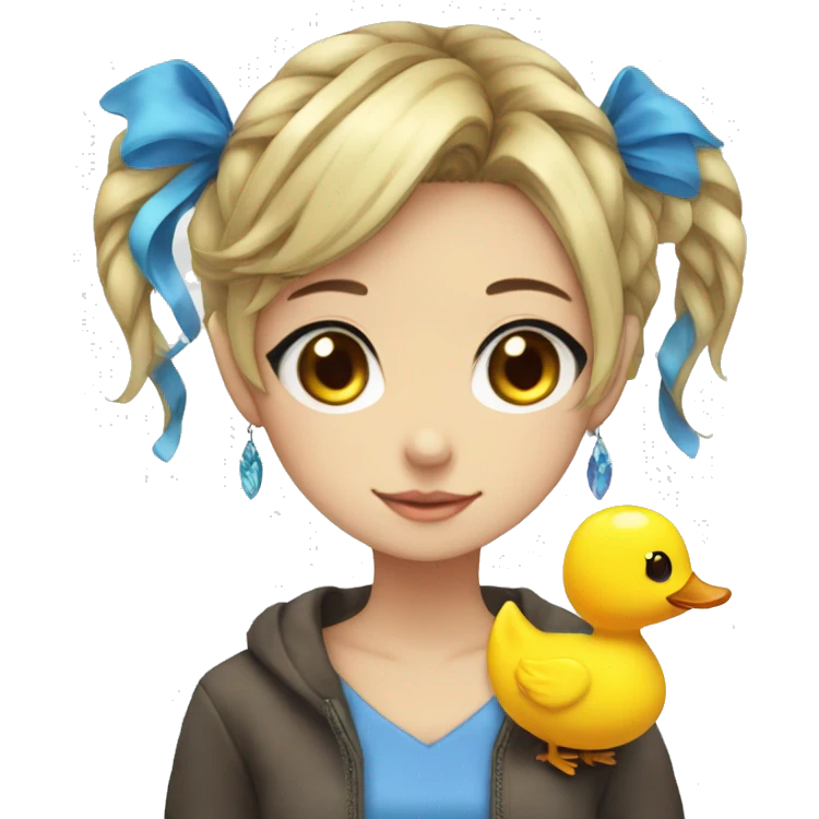 an anime girl with blue eyes, fishbone earrings, and a ducky hairclip emoji