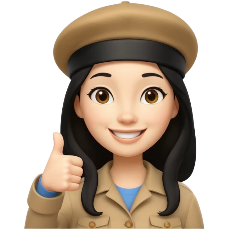 3D cartoon female character giving thumbs up, wearing beige beret, long black hair, smiling warmly with confident expression, clean white background, Pixar-style lighting, cute and friendly iPhone memoji aesthetic, high quality soft shading, centered composition emoji