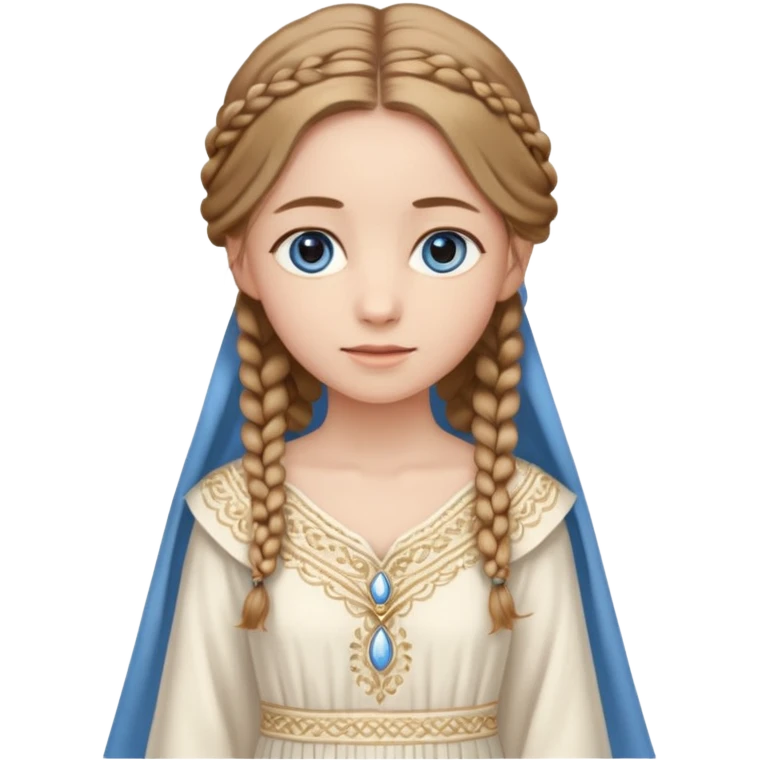 Joven de unos 30 años, de aspecto dulce, elegante.
Piel clara, ojos (pueden ser azules o verdes)
castaño claro largo, con trenzas.
Vestido largo de tonos suaves (blanco, azul o lavanda), con bordados dorados; un manto o toca fina cubriendo la cabeza. Que se vea todo el cuerpo de pies a cabeza emoji
