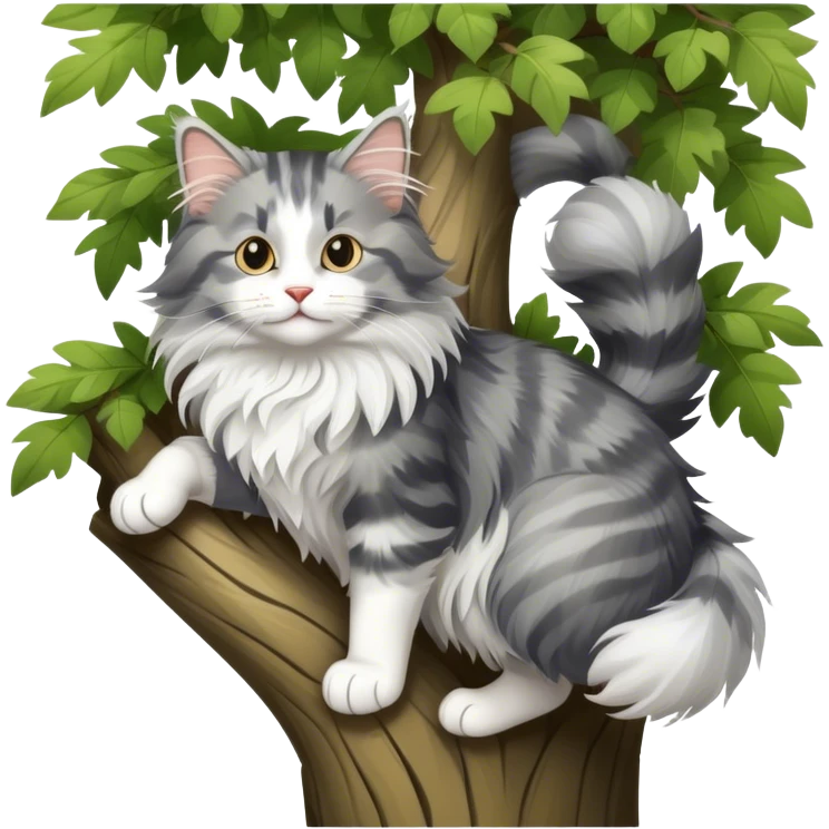 A fluffy Norwegian Forest cat climbing a tree, playful and adventurous, cartoon style, transparent background. emoji