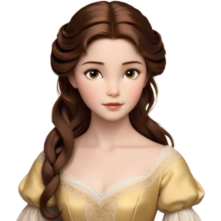 Cinematic Realistic Belle Portrait, depicted with lifelike skin texture, soft natural lighting, and intricately detailed brown hair styled elegantly. Her deep, expressive eyes exude warmth and intelligence, complemented by a serene and graceful expression. She is dressed in her classic attire, with rich fabric textures and delicate folds that catch the light beautifully. The portrait features a soft, enchanting glow with a natural, radiant finish, capturing the essence of timeless beauty in a realistic and painterly style, evoking a sense of depth and authenticity. emoji