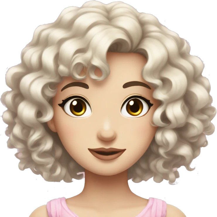 pale skin black curly hair brown eyes pink bow emoji