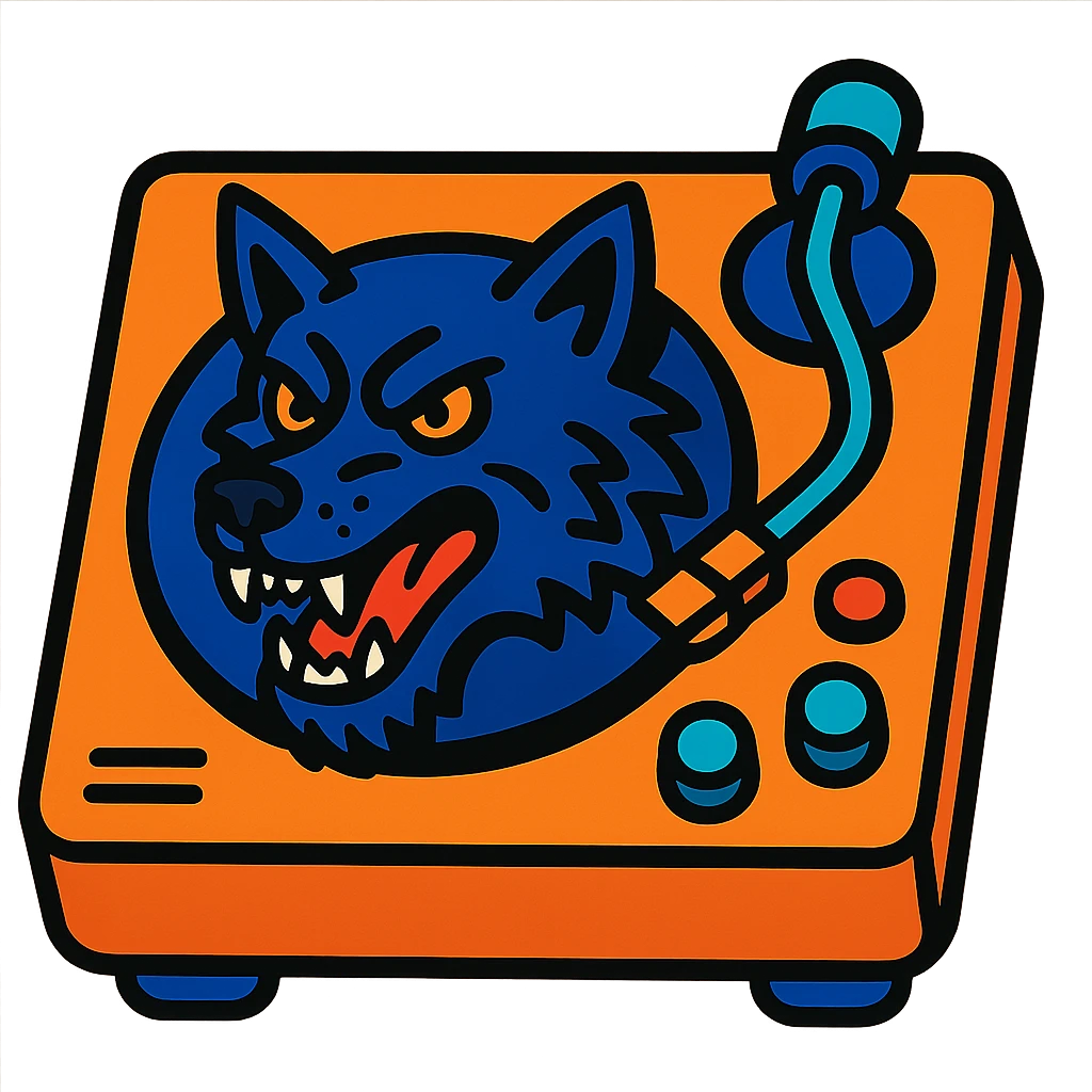 platine vinyle with integrated wolf head replacing the platter, vibrant cartoon style emoji