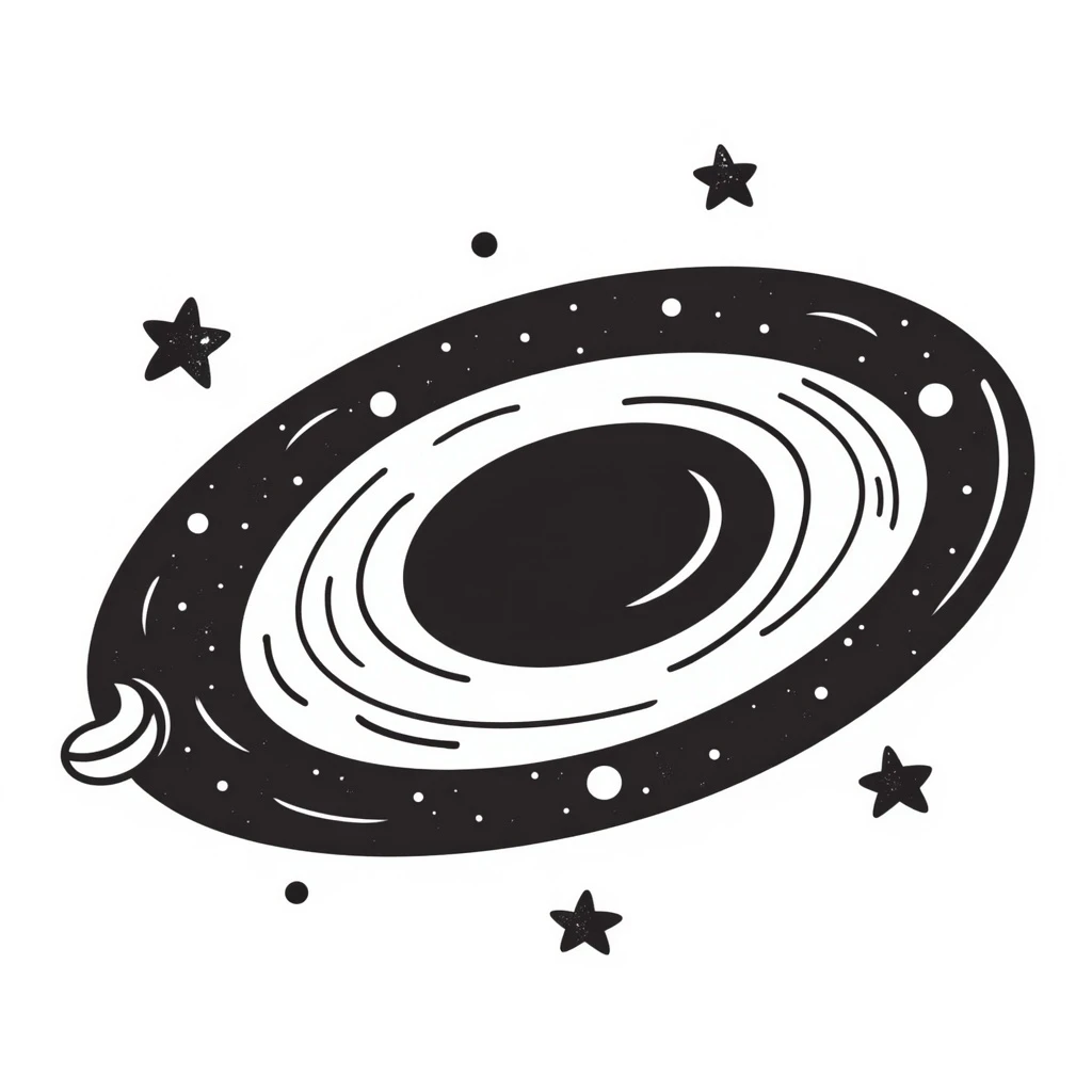Milky Way galaxy, black doodle style, hand-drawn spiral and stars, simple and whimsical emoji