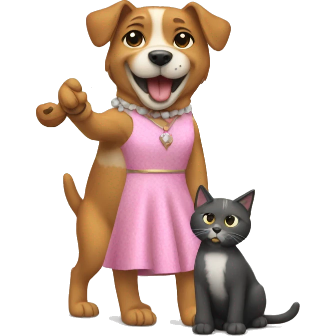 Dog wearing dress and singging with a cat emoji