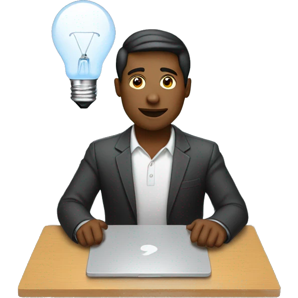 man with laptop and light bulb above head emoji